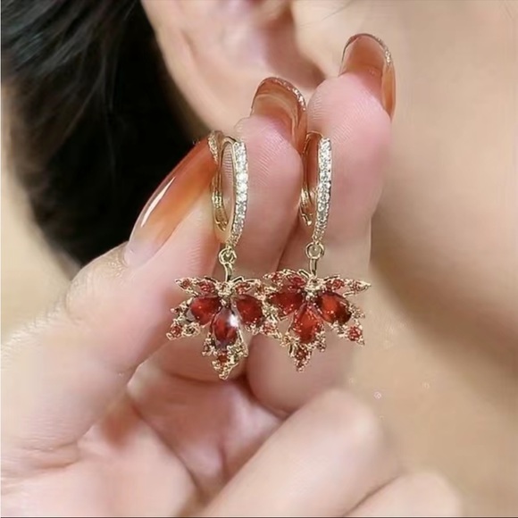 Cubic Zirconia Autumn Leaf Earrings - Picture 7 of 7